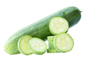 Front view of green cucumber with slices or pieces in stack isolated with clipping path in file format png