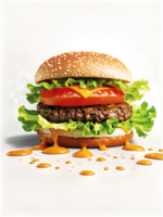 A juicy hamburger with a sesame seed bun, crispy lettuce, ripe tomato slices, and a beef patty floating in mid-air, Transparent Background png