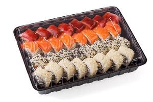 Sushi set in a delivery box on a white background photo