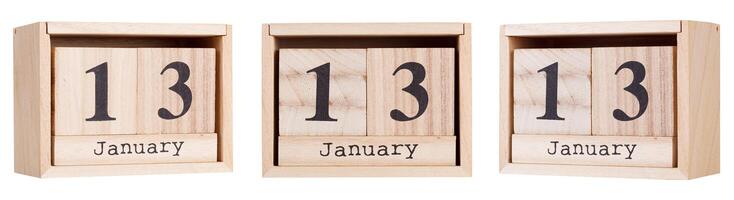 Wooden calendar, a set of dates of the month 13 January, on a white and transparent background photo