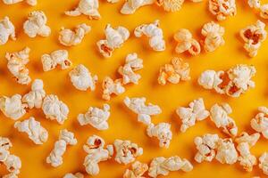 box with popcorn on a yellow background photo
