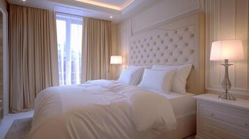 Hotel Room Interior With Beige Curtains And White Bed photo