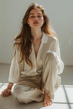 joven mujer en blanco camisa posando en piso foto