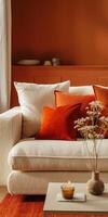 Cream Sofa With Orange Pillows in a Living Room photo