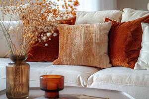 Cream Sofa With Orange Pillows and Dried Flowers photo