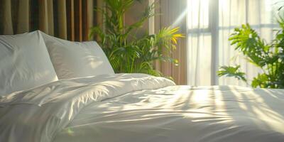 White Bed With Sunlight And Plant photo