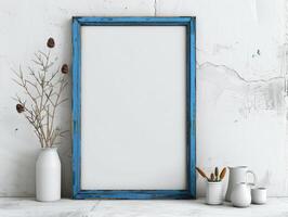 Blue Frame Mockup on White Wall photo