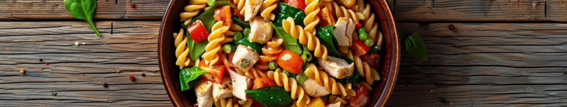 pollo Espinacas pasta ensalada en un cuenco foto