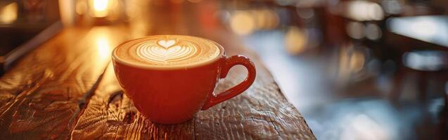 Coffee Cup With Heart Design on Wooden Table photo
