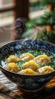 Steaming Wonton Soup in a Bowl photo
