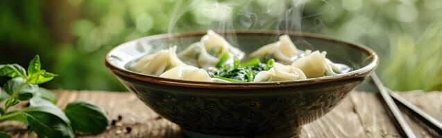 Steaming Wonton Soup With Greens photo
