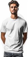 Man Wearing White T-Shirt Against White Background photo