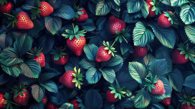 Strawberry Pattern on Green Leaves photo