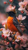 Bird Perched on Apple Blossom Branch photo