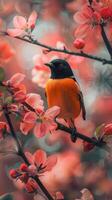 Bird Perched on Apple Blossom Branch photo