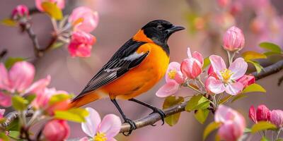 Bird Perched on Apple Blossom Branch photo