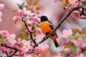 Bird Perched on Apple Blossom Branch photo