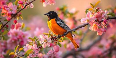 Bird Perched on Apple Blossom Branch photo