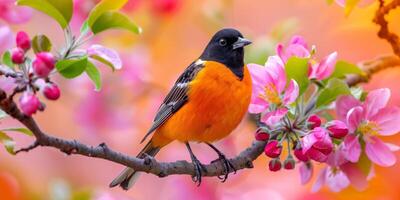 Baltimore Oriole on Apple Blossom Branch photo