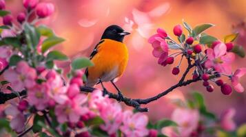 Bird Perched on Apple Blossom Branch photo