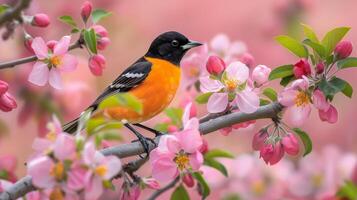 Bird Perched on Apple Blossom Branch photo