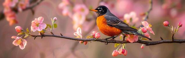 Robin on Apple Blossom Branch photo