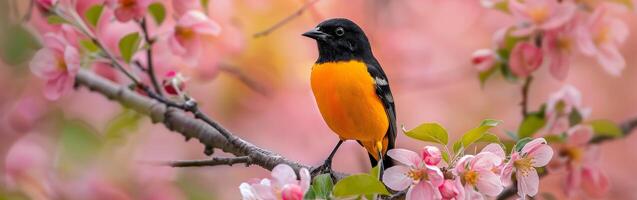 Bird Perched on Apple Blossom Branch photo