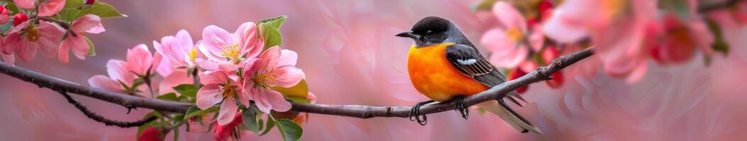 Bird Perched on Apple Blossom Branch photo