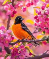 Bird Perched on Apple Blossom Branch photo