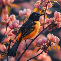 Bird Perched on Apple Blossom Branch photo