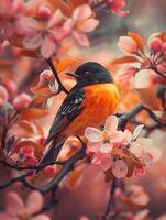 Bird Perched on Apple Blossom Branch photo