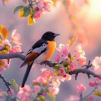 Bird Perched on Apple Blossom Branch photo