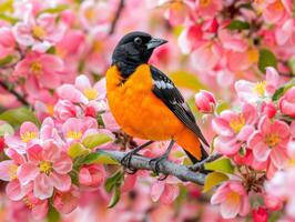 Baltimore Oriole on Apple Blossom Branch photo