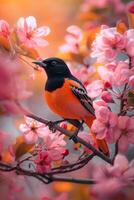 Bird Perched on Apple Blossom Branch photo