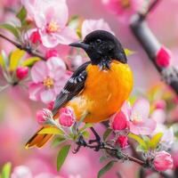 Bird on Apple Blossom Branch photo