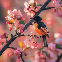 Bird Perched on Apple Blossom Branch photo