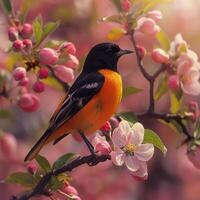 Oriole Perched on Apple Blossom Branch photo