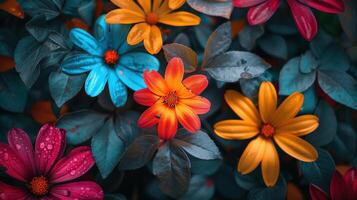 Colorful Flowers With Dew Drops photo