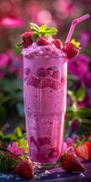 Closeup Of Strawberry Smoothie In Glass With Straw photo