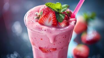 Closeup of Strawberry Smoothie With Mint Garnish photo