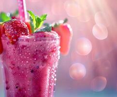 Closeup of Pink Strawberry Smoothie With Mint in Glass photo