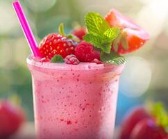 Closeup of Pink Smoothie With Strawberry and Mint Garnish photo