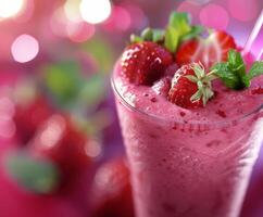 Closeup of a Pink Strawberry Smoothie With Mint Garnish photo