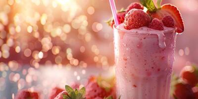 Closeup of a Pink Strawberry Smoothie With a Straw and Fresh Berries photo