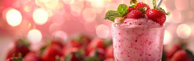 Close Up of a Pink Strawberry Smoothie With Fresh Mint photo