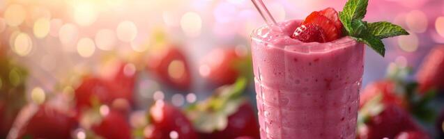 Closeup Of A Pink Strawberry Smoothie In A Glass photo