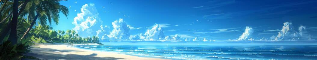 Tropical Beach Scene With Palm Trees and Blue Sky photo