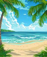 Tropical Beach Scene With Palm Trees and Blue Sky photo
