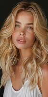 Blonde Woman With Wavy Hair Posing in Studio photo