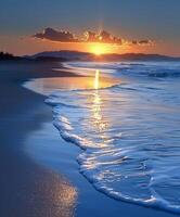 Sunset Over Coastal Beach With Golden Reflections photo